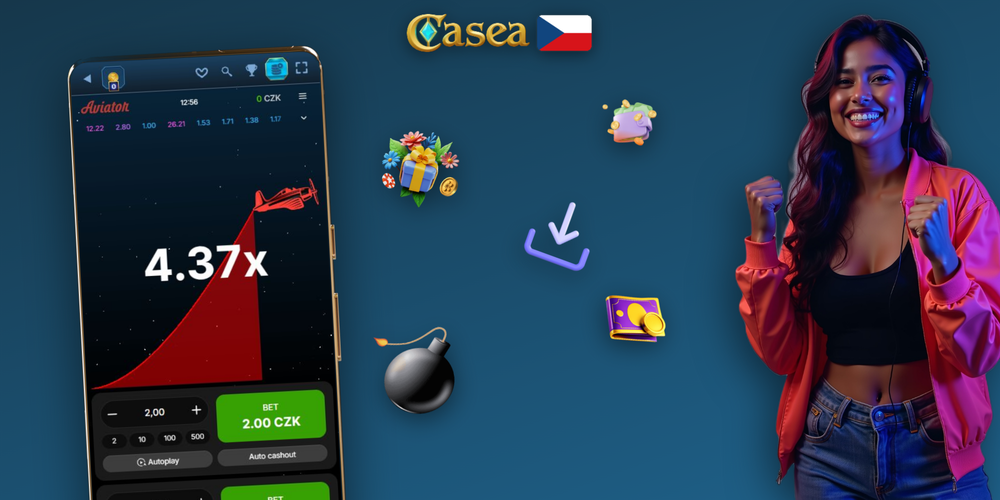 Herní obrazovka Aviator v Casea Casino s letadlem a sázkovým panelem