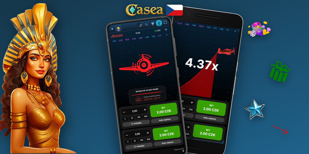Infografika herního rozhraní Aviator v Casea Casino s popisky zón v češtině