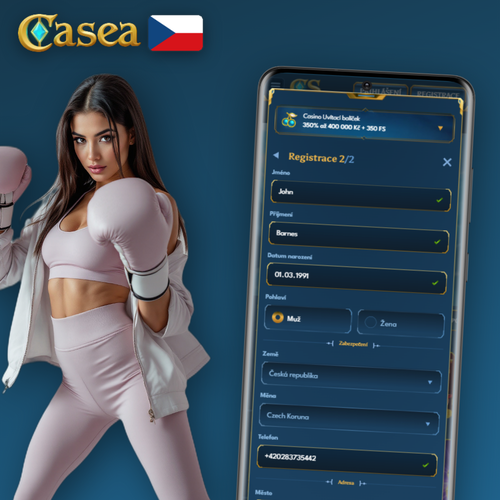 Casea Casino registrace – promo vizuál s registračním formulářem na mobilu